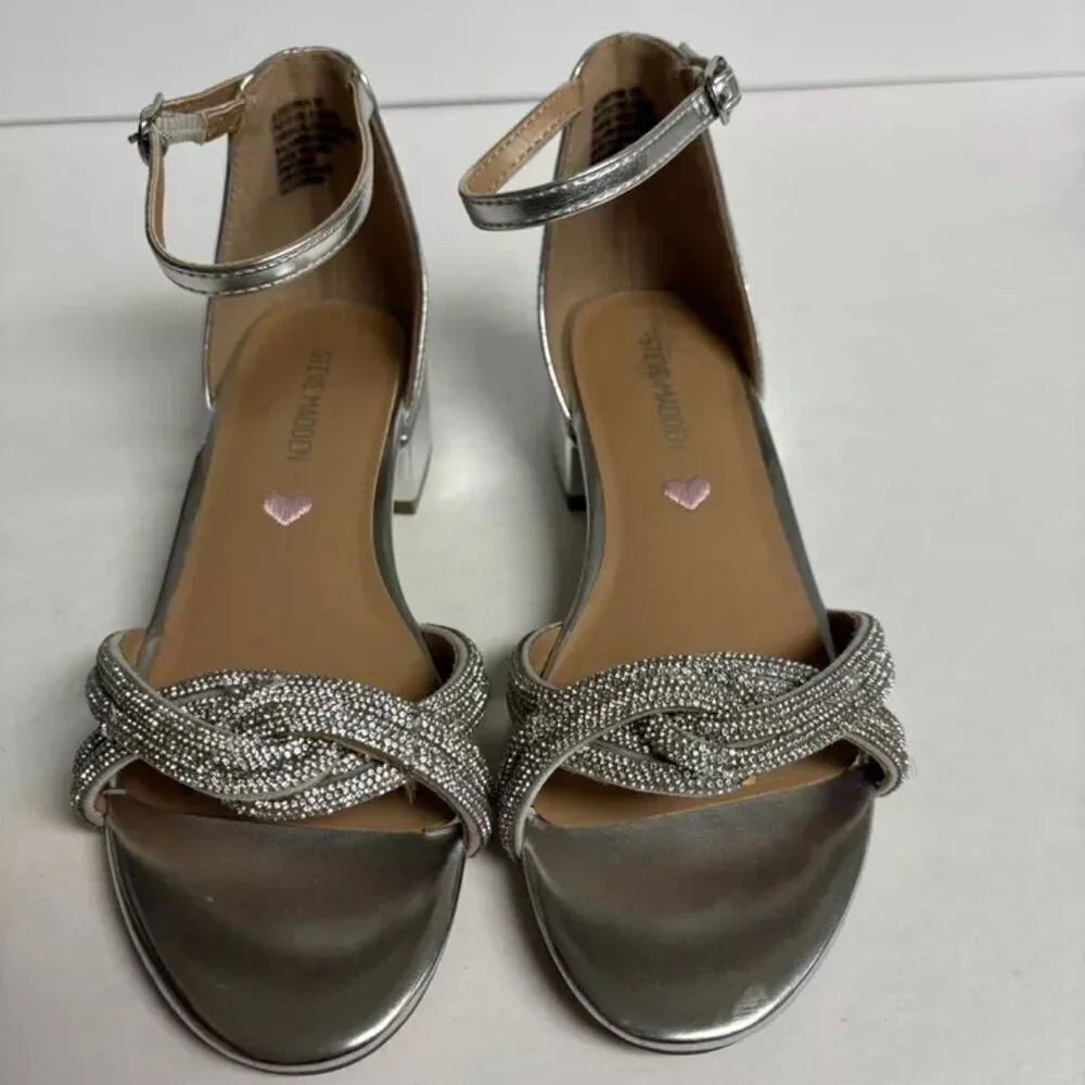 Steve Madden Big Kids’ Londynn, Silver Ankle Strap Sandals, Girls’ Size 3 M